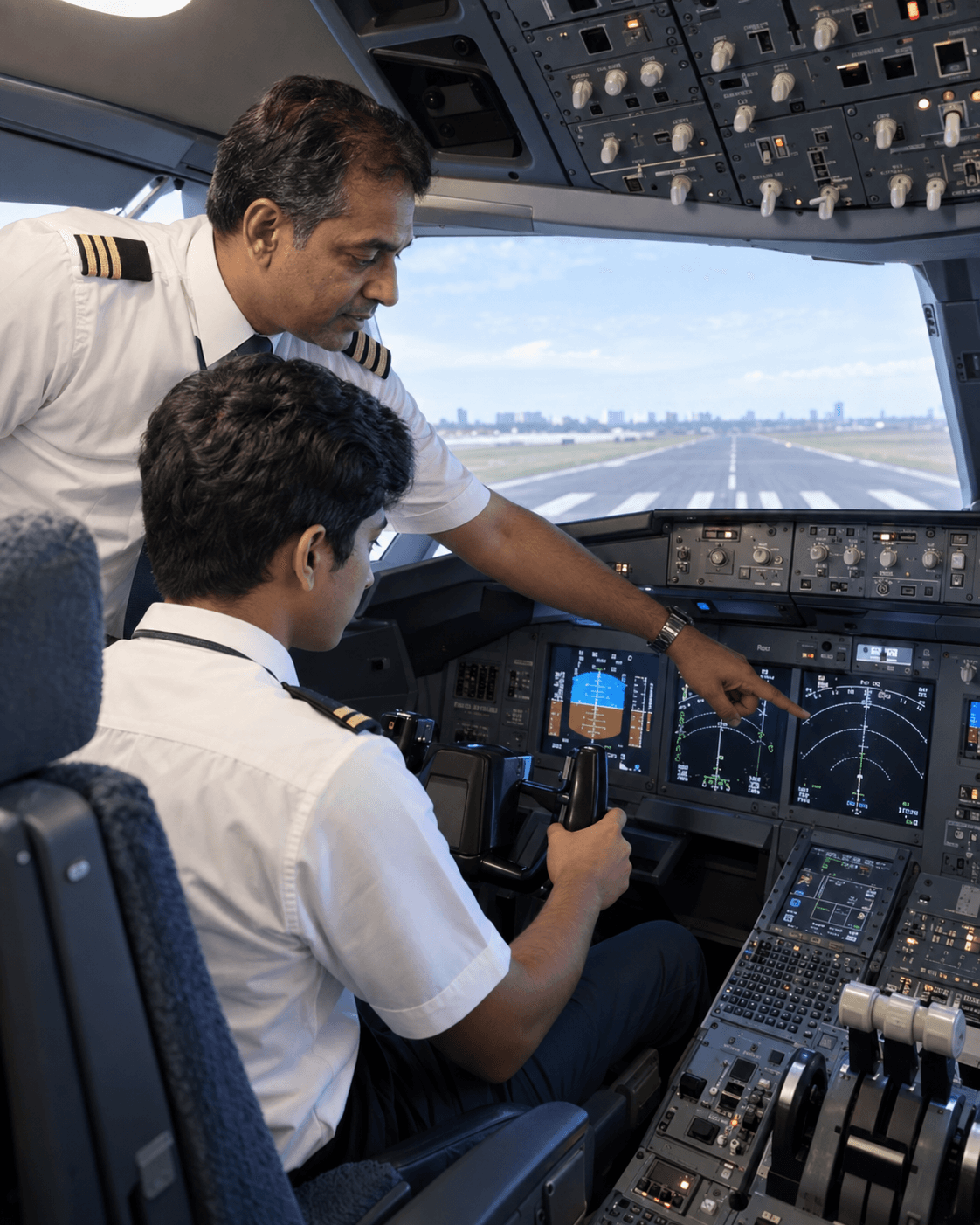 A URBX instructor guiding a student inside a flight simulator