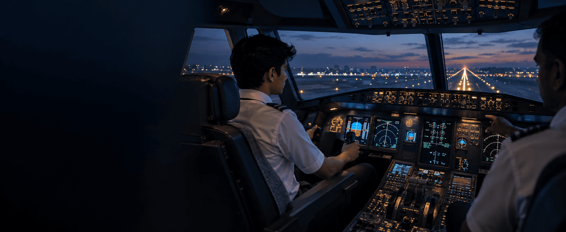 A student flying a flight simulator with an instructor